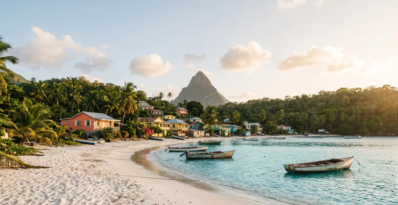 Vue panoramique des Caraïbes avec plage turquoise, architecture créole colorée et ambiance tropicale authentique
