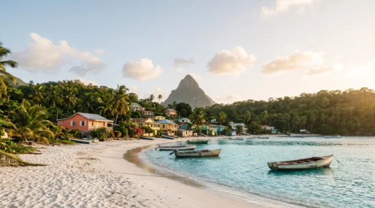 Vue panoramique des Caraïbes avec plage turquoise, architecture créole colorée et ambiance tropicale authentique