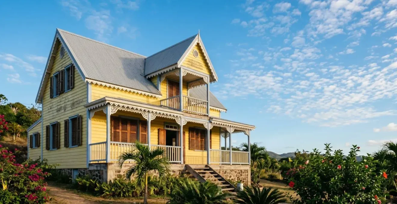 Façade d'une maison créole traditionnelle aux Caraïbes avec ses couleurs vives et son architecture coloniale