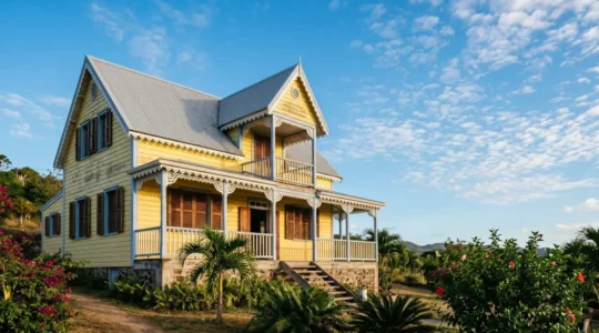 Façade d'une maison créole traditionnelle aux Caraïbes avec ses couleurs vives et son architecture coloniale