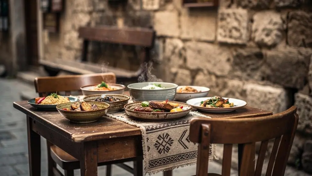 Table de rue avec des plats locaux authentiques servis dans un cadre modeste, symbolisant la quête d'authenticité culinaire en voyage