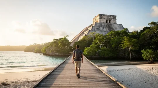 Voyageur avançant sur une passerelle en bois entre une plage turquoise et une pyramide maya nichée dans la jungle, symbolisant l'équilibre entre plage et ruines à Cancún