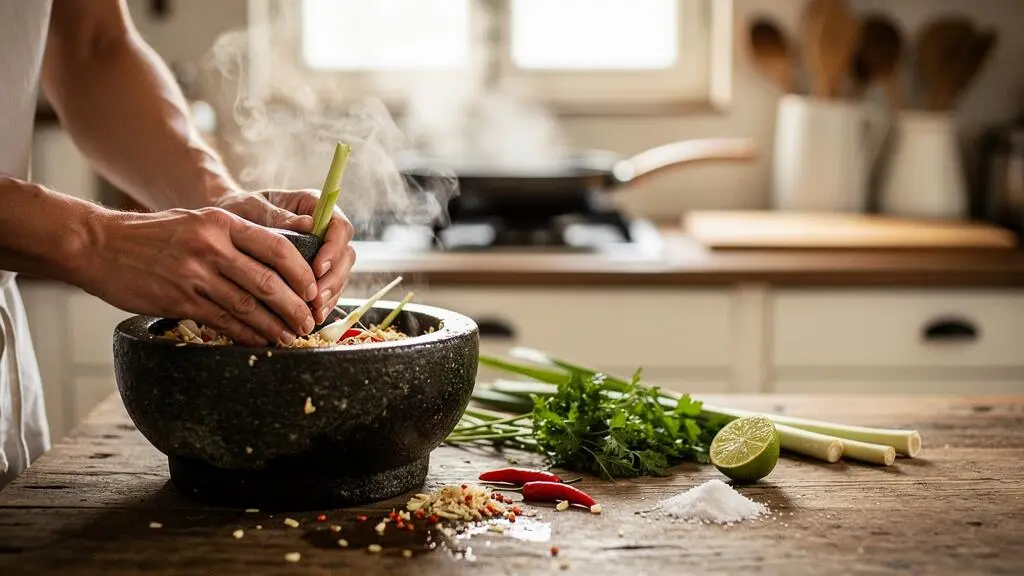 Mains preparant un plat thai traditionnel dans une cuisine francaise avec des ingredients frais et des herbes aromatiques
