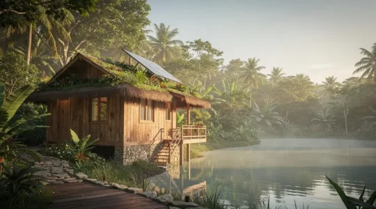 Bungalow écologique en bois intégré dans une nature tropicale préservée, symbole d'un tourisme durable authentique
