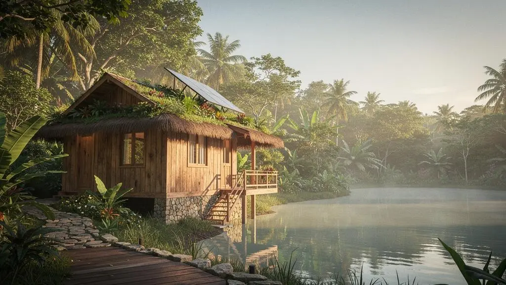 Bungalow écologique en bois intégré dans une nature tropicale préservée, symbole d'un tourisme durable authentique