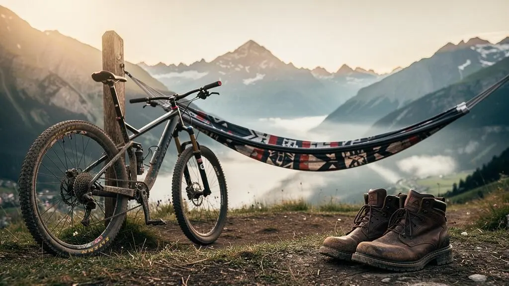 Vélo VTT et sac de randonnée posés près d'un hamac face à un panorama de montagne au lever du soleil, symbolisant l'équilibre entre effort et repos