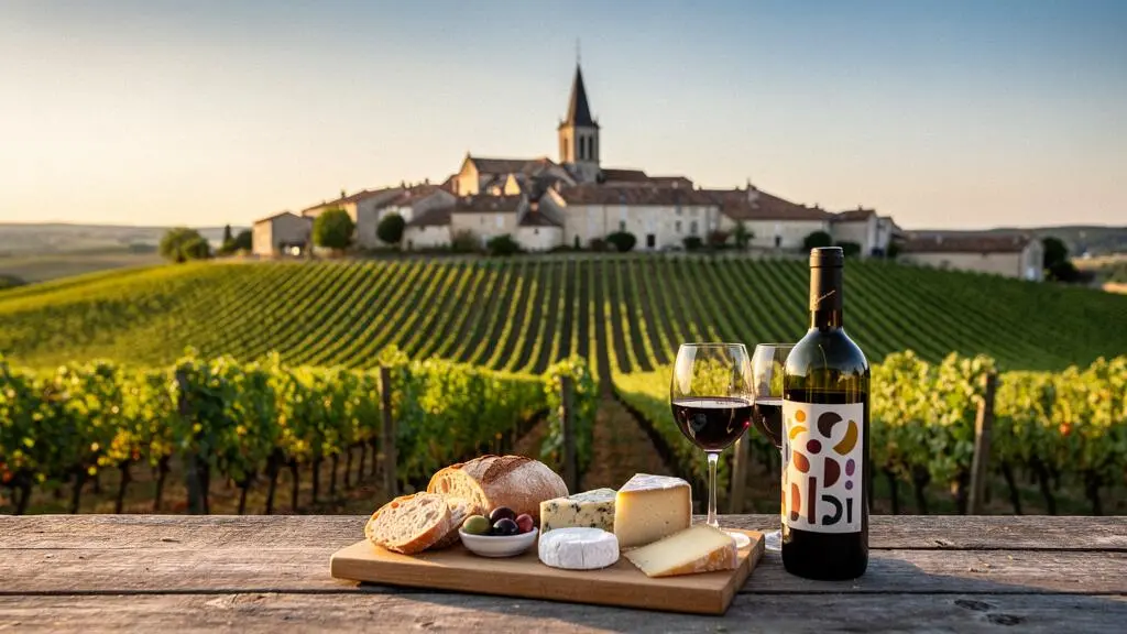 Paysage viticole francais au coucher du soleil symbolisant une escapade gourmande de trois jours entre vignes et villages