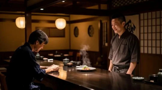 Convive s'inclinant respectueusement devant un chef japonais dans un restaurant traditionnel, illustrant les règles d'étiquette à table au Japon