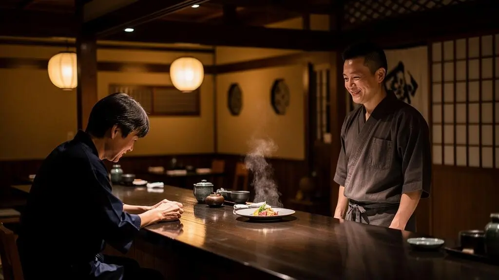 Convive s'inclinant respectueusement devant un chef japonais dans un restaurant traditionnel, illustrant les règles d'étiquette à table au Japon