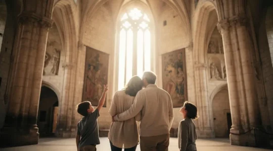 Une famille avec deux enfants explore émerveillée la grande salle d'un château historique baigné de lumière naturelle