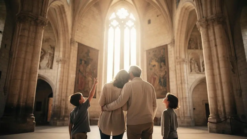 Une famille avec deux enfants explore émerveillée la grande salle d'un château historique baigné de lumière naturelle