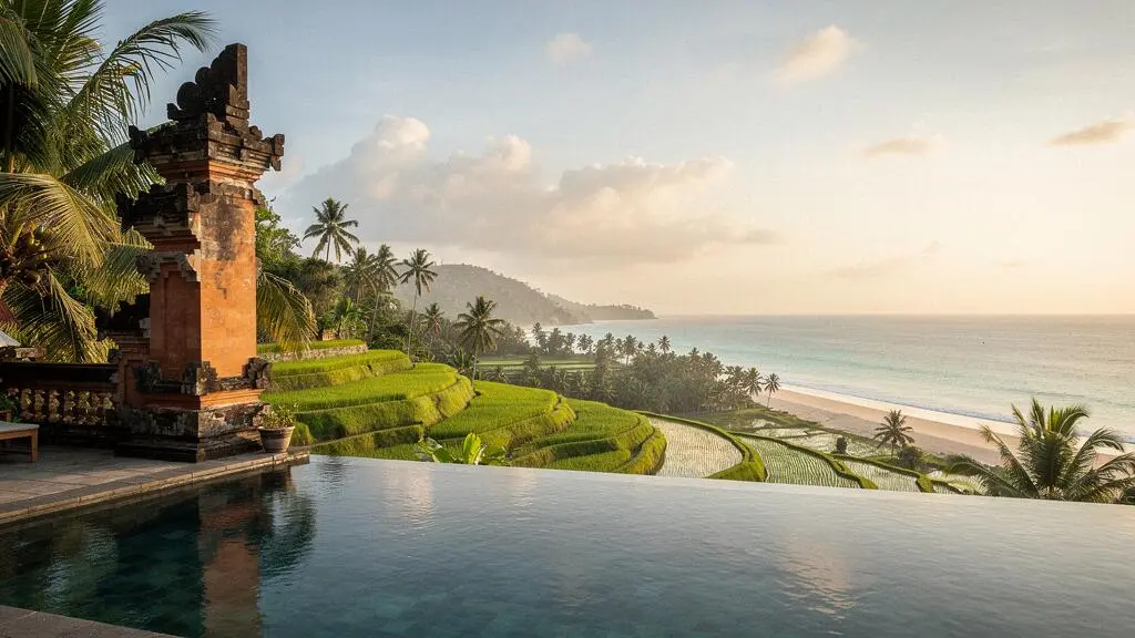 Villa balinaise en hauteur offrant une vue sur un temple traditionnel et l'océan au loin, symbolisant le choix entre culture et plage