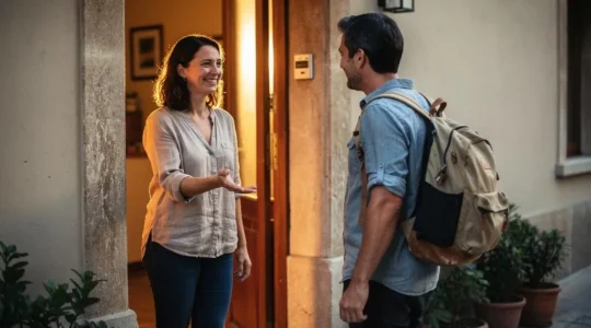 Un hote souriant accueille un voyageur sur le pas de la porte d'une maison chaleureuse, symbole de confiance et d'hospitalite partagee