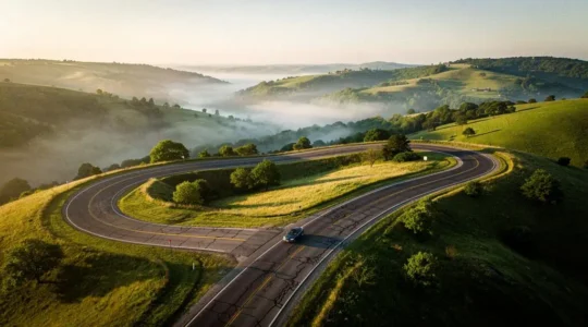 Route sinueuse formant une boucle à travers un paysage vallonné au lever du soleil, symbolisant un itinéraire de road trip optimisé