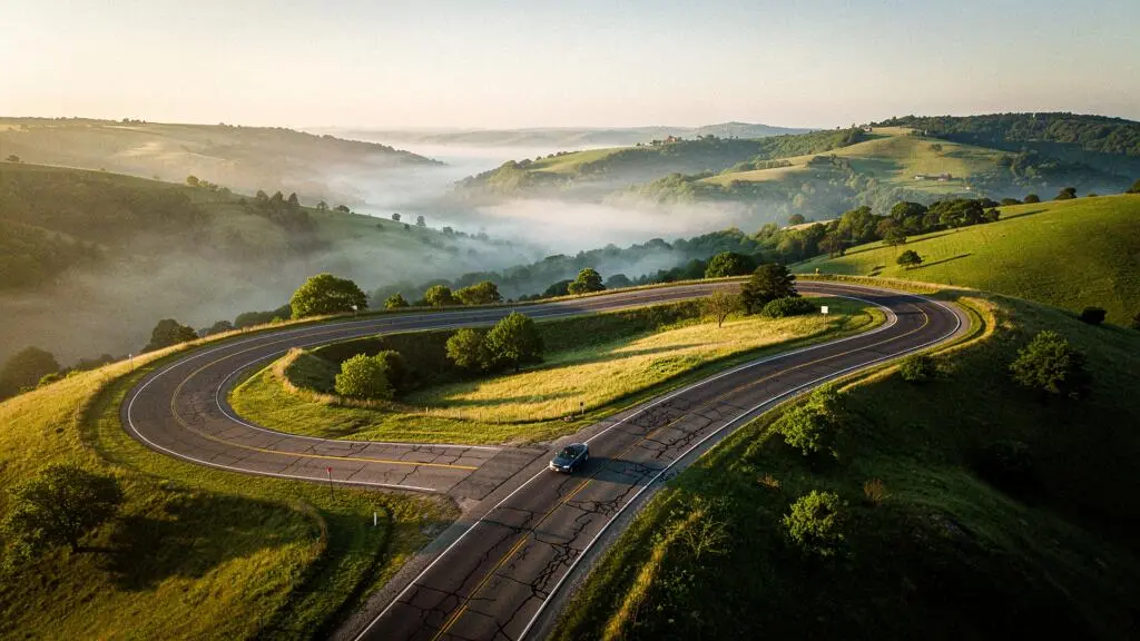 Route sinueuse formant une boucle à travers un paysage vallonné au lever du soleil, symbolisant un itinéraire de road trip optimisé