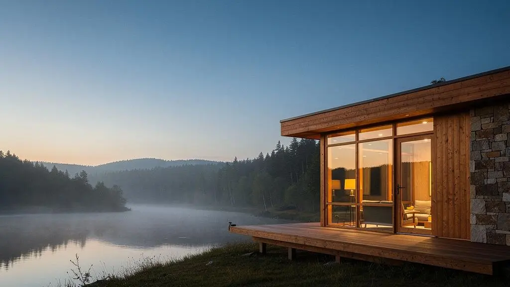 Lodge de luxe isole en pleine nature au crepuscule, illustrant le cout de l'exclusivite