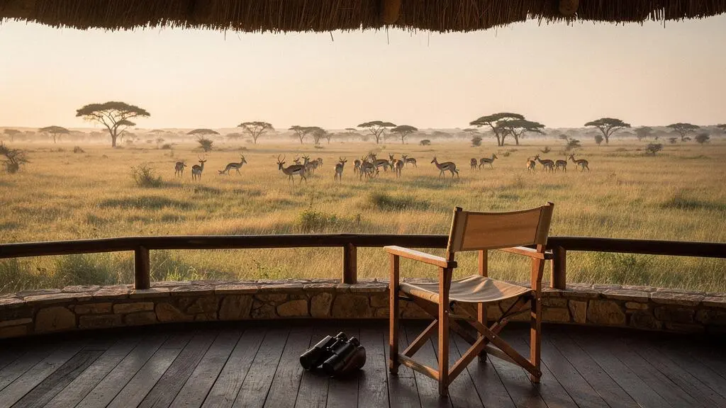 Lodge de safari en bois et chaume surplombant une plaine africaine au lever du soleil avec un troupeau d'animaux au loin