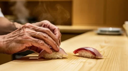 Mains expertes d'un chef sushi artisanal façonnant un nigiri sur un comptoir en bois clair, symbole du savoir-faire authentique face à la production industrielle.