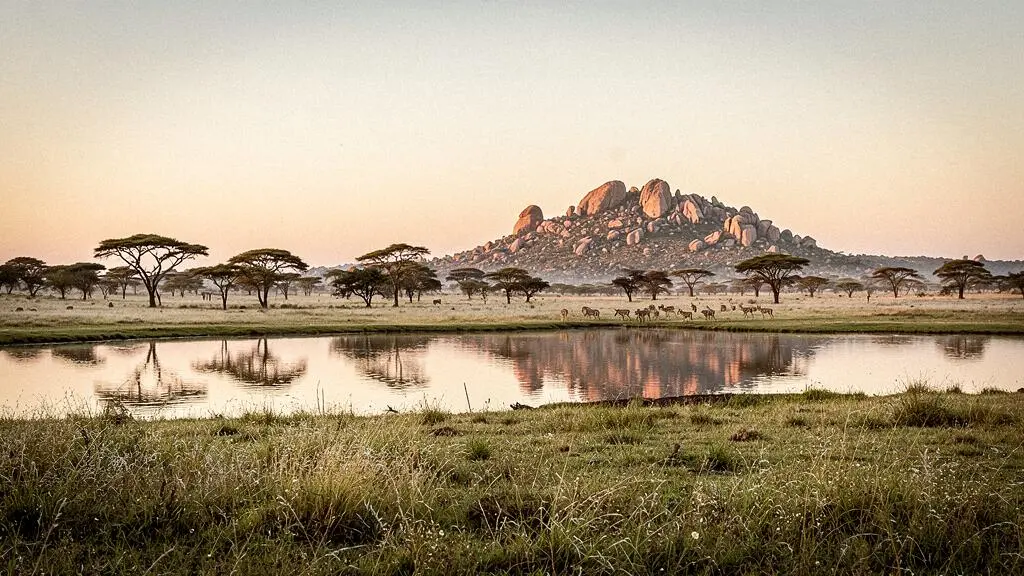 Vue panoramique d'une mosaïque d'écosystèmes africains avec savane, point d'eau et kopje rocheux au lever du soleil