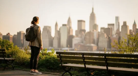 Une silhouette de voyageur contemplant la skyline de Manhattan depuis un espace vert paisible, contraste entre agitation urbaine et calme intérieur