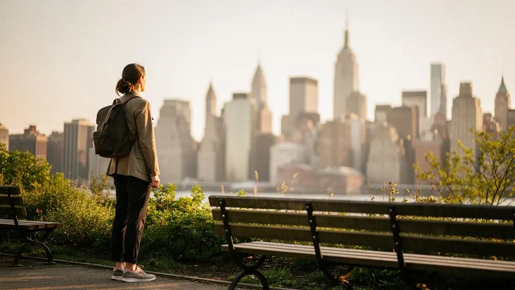 Une silhouette de voyageur contemplant la skyline de Manhattan depuis un espace vert paisible, contraste entre agitation urbaine et calme intérieur