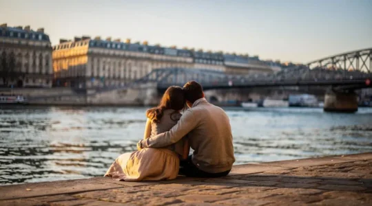 Couple partageant un instant intime sur un quai parisien discret au crépuscule, loin des zones touristiques bondées