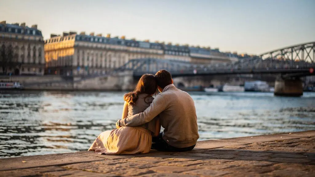 Couple partageant un instant intime sur un quai parisien discret au crépuscule, loin des zones touristiques bondées