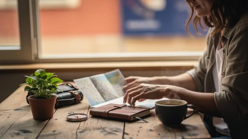 Une personne installée à une table en bois planifie son voyage sur mesure entourée de cartes, d'un carnet et d'objets de voyage, sans passer par une agence.