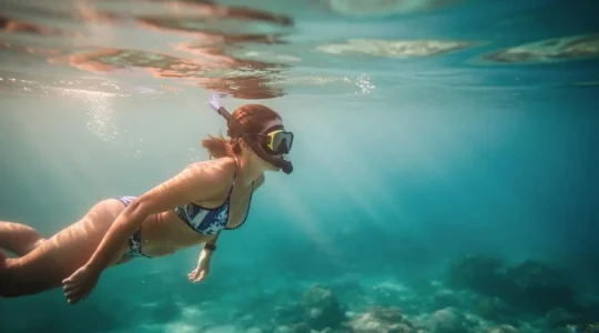 Snorkeleur flottant paisiblement à la surface d'une eau turquoise des Caraïbes au-dessus d'un récif corallien baigné de lumière
