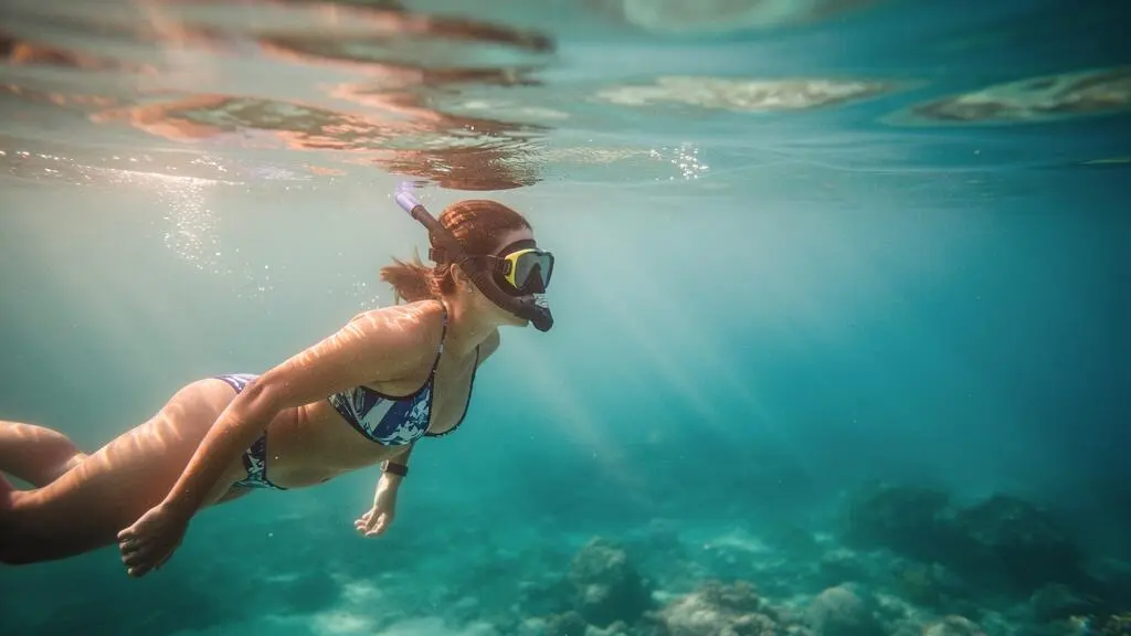 Snorkeleur flottant paisiblement à la surface d'une eau turquoise des Caraïbes au-dessus d'un récif corallien baigné de lumière