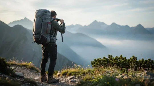 Randonneur ajustant son sac à dos face à un sentier de montagne au lever du jour, symbolisant la préparation avant une première grande randonnée