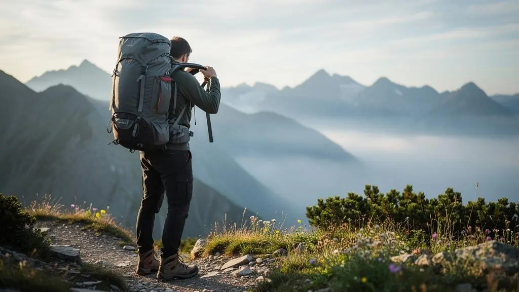 Randonneur ajustant son sac à dos face à un sentier de montagne au lever du jour, symbolisant la préparation avant une première grande randonnée
