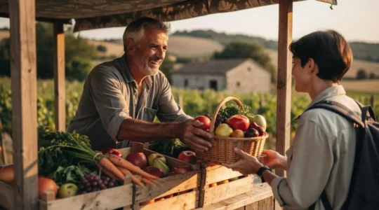 Un voyageur échangeant chaleureusement avec un producteur local devant son étal de produits fermiers en pleine campagne