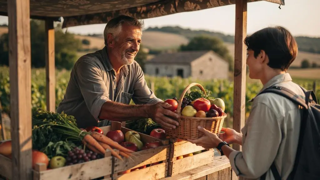 Un voyageur échangeant chaleureusement avec un producteur local devant son étal de produits fermiers en pleine campagne