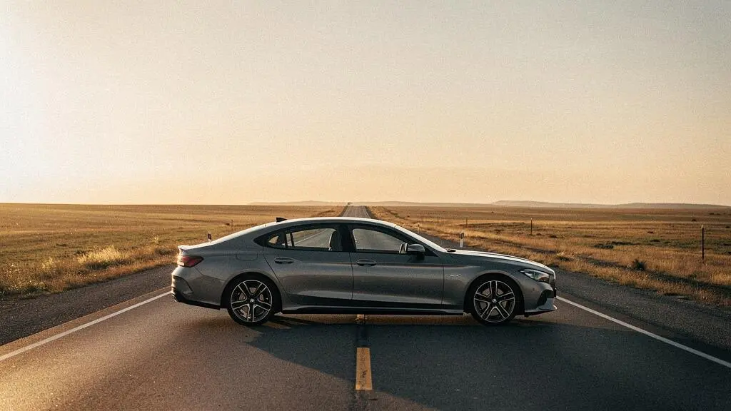 Voiture prête pour un road trip, garée sur une route de campagne au lever du soleil, symbolisant un voyage serein et bien préparé