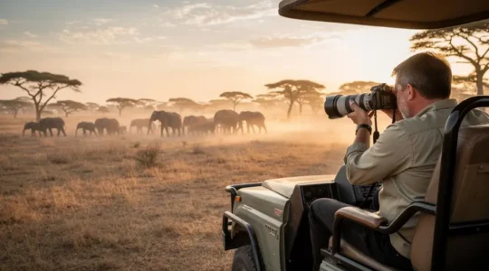 Photographe amateur tenant un appareil reflex face à un troupeau dans la savane africaine au lever du jour