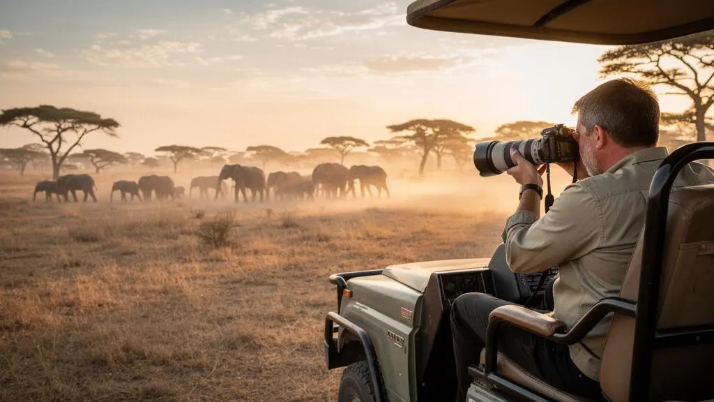 Photographe amateur tenant un appareil reflex face à un troupeau dans la savane africaine au lever du jour