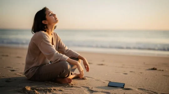 Silhouette apaisée face à l'océan au coucher du soleil, smartphone éteint posé loin dans le sable, symbole de déconnexion réelle en vacances