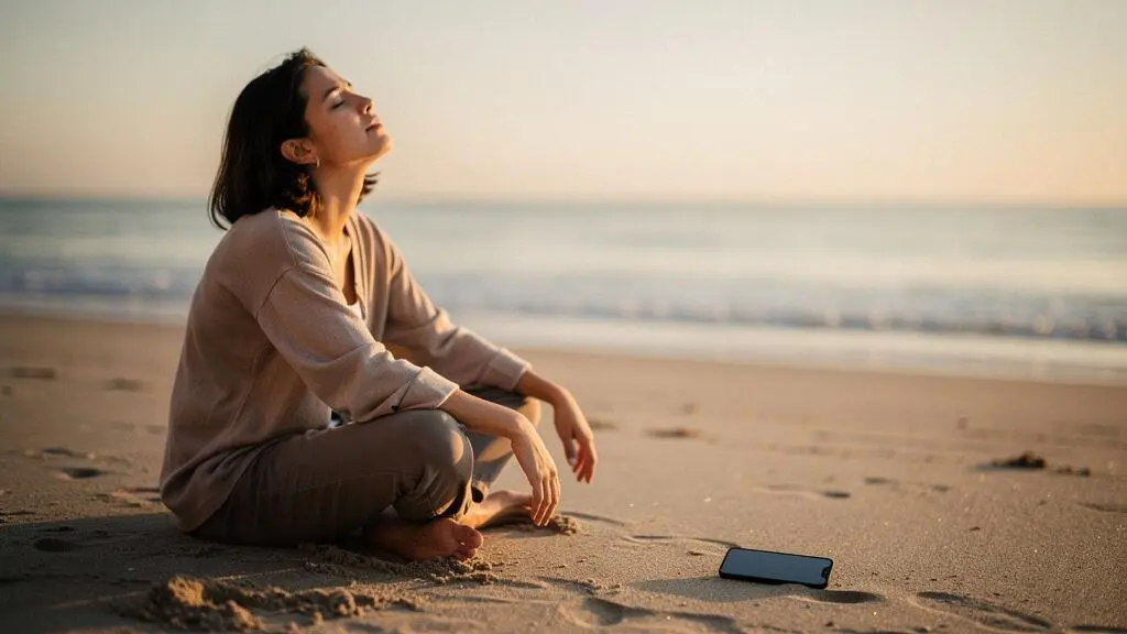 Silhouette apaisée face à l'océan au coucher du soleil, smartphone éteint posé loin dans le sable, symbole de déconnexion réelle en vacances