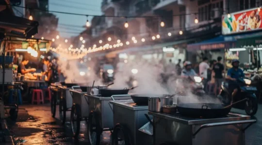 Vue d'ensemble d'un marché de street food à Bangkok le soir, avec des stands illuminés et de la vapeur de cuisson