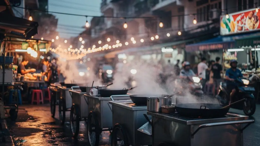 Vue d'ensemble d'un marché de street food à Bangkok le soir, avec des stands illuminés et de la vapeur de cuisson