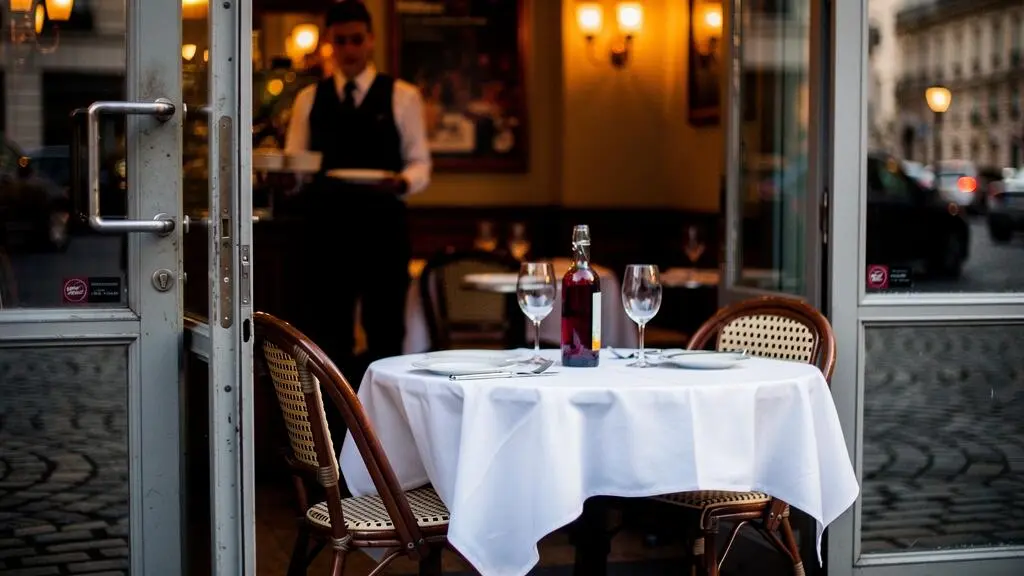 Table dressée dans un authentique bistrot parisien en fin de journée, ambiance chaleureuse et intime