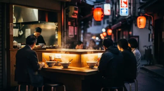 Ambiance chaleureuse d'un comptoir de ramen-ya à Tokyo la nuit, entre tradition et modernité culinaire