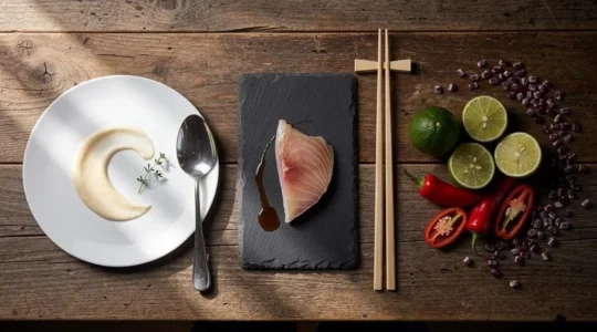 Table dressée vue du dessus avec des éléments culinaires symbolisant un tour du monde gastronomique entre Paris, Tokyo et Lima
