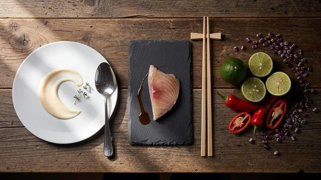 Table dressée vue du dessus avec des éléments culinaires symbolisant un tour du monde gastronomique entre Paris, Tokyo et Lima