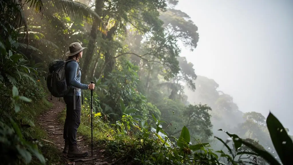 Randonneur équipé observant la canopée dense d'une forêt tropicale avant de s'engager sur le sentier
