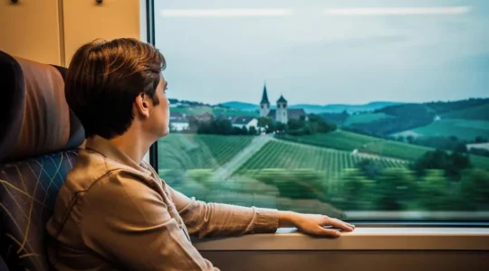 Voyageur contemplant un paysage européen qui défile par la fenêtre d'un train, dans une ambiance chaleureuse et sereine
