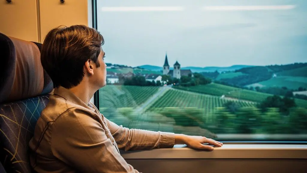 Voyageur contemplant un paysage européen qui défile par la fenêtre d'un train, dans une ambiance chaleureuse et sereine