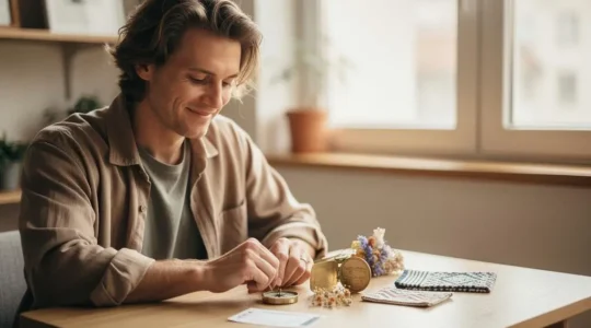 Un voyageur assis devant une grande carte du monde et des objets de voyage, composant lui-meme son itineraire sur mesure