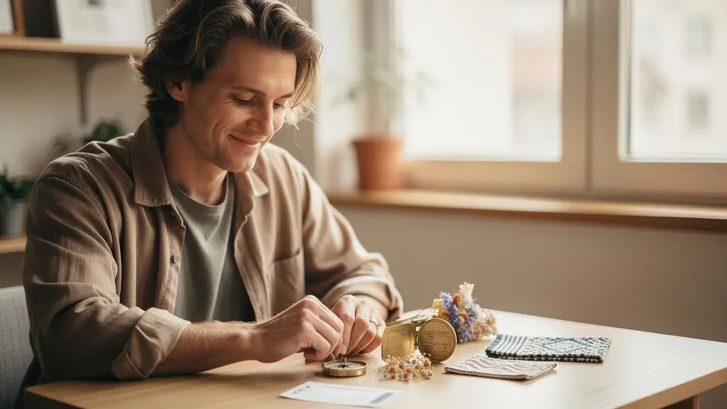 Un voyageur assis devant une grande carte du monde et des objets de voyage, composant lui-meme son itineraire sur mesure
